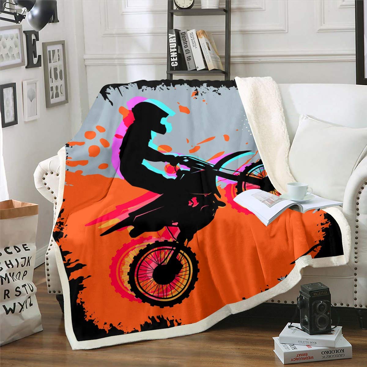 Motocross Racer Dirt Bike Print Sherpa Throw Blanket - Watercolor Extreme Sports Plush Fuzzy Blanket for Sofa Bed Couch - Kids Boys Teens Single 50x60 Inch