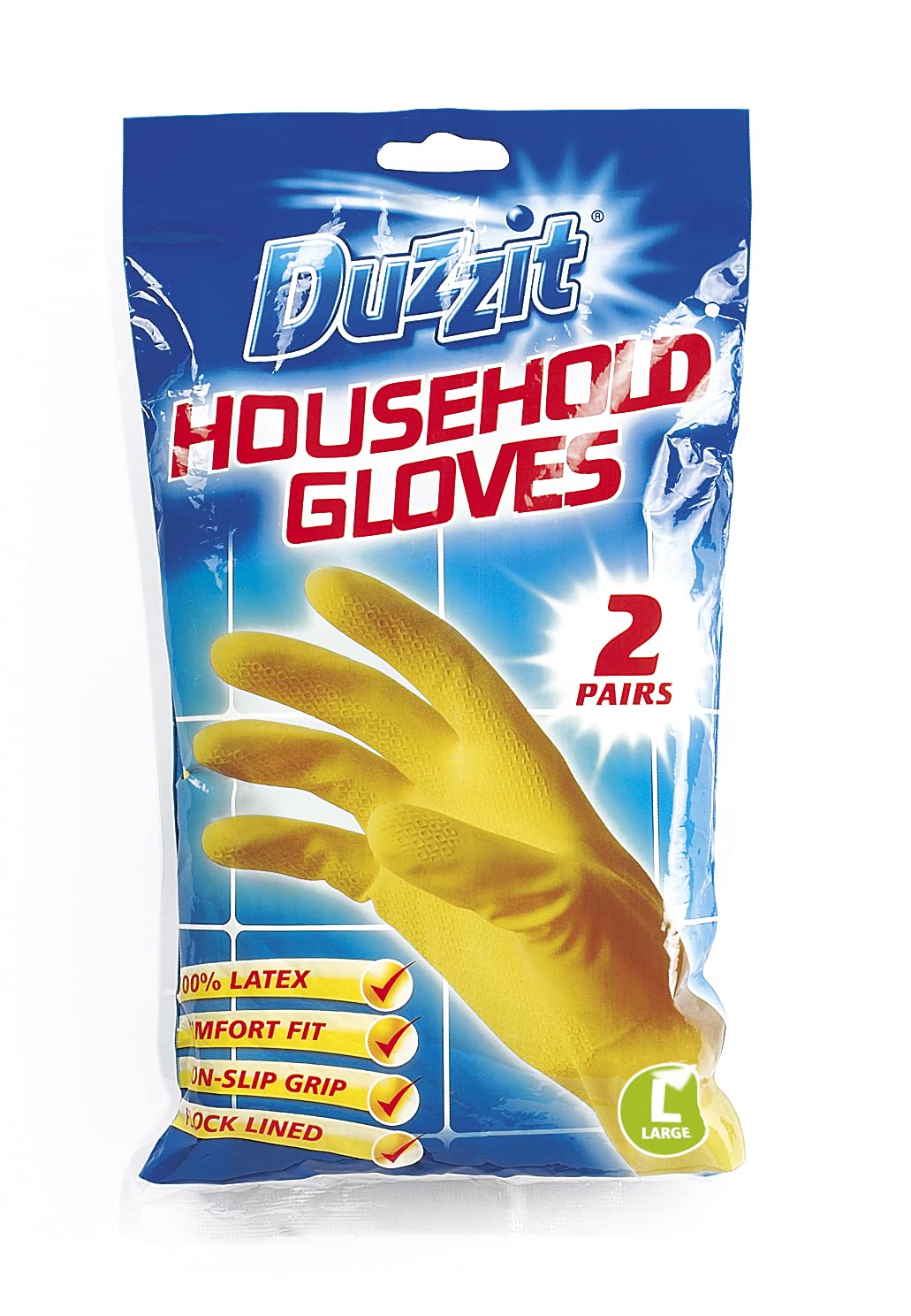 Duzzit Gloves, Latex, Yellow, L (Pack Of 2)