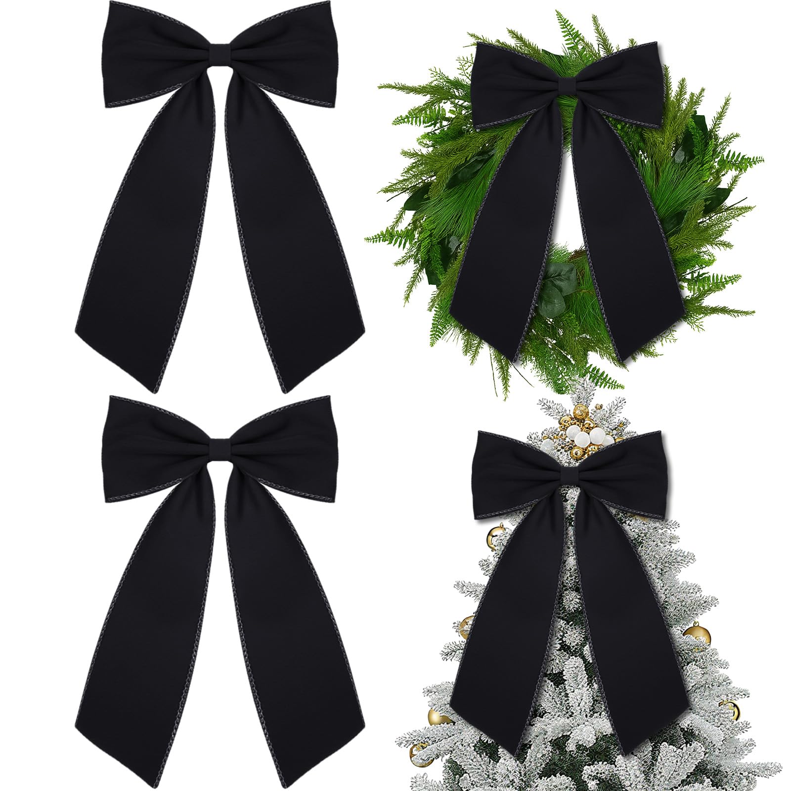 Photo 1 of Riceshoot 1 Pcs Large 10 x 16 Inch Bows Christmas Tree Decorations Velvet Ribbon Christmas Tree Topper Bow Velvet Wreath Bows with Wired Edge for Xmas Home Fireplace Indoor Outdoor Decor (Black)