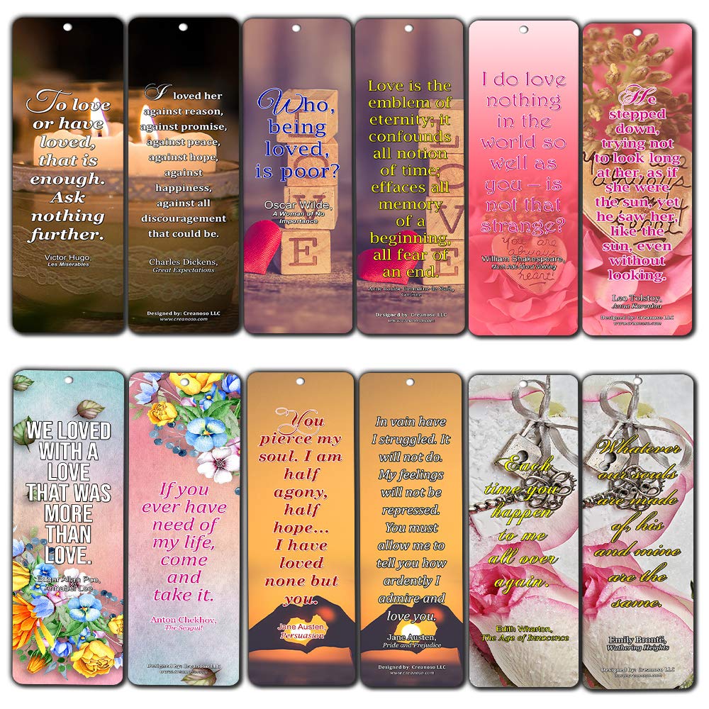Creanoso Romantic Love Quotes Literary Bookmarker Cards (60-Pack) – Premium Quality Book Reading Bookmarks Design – Premium Gift for Men Women Adult, Bookworm – Awesome Bookmarks