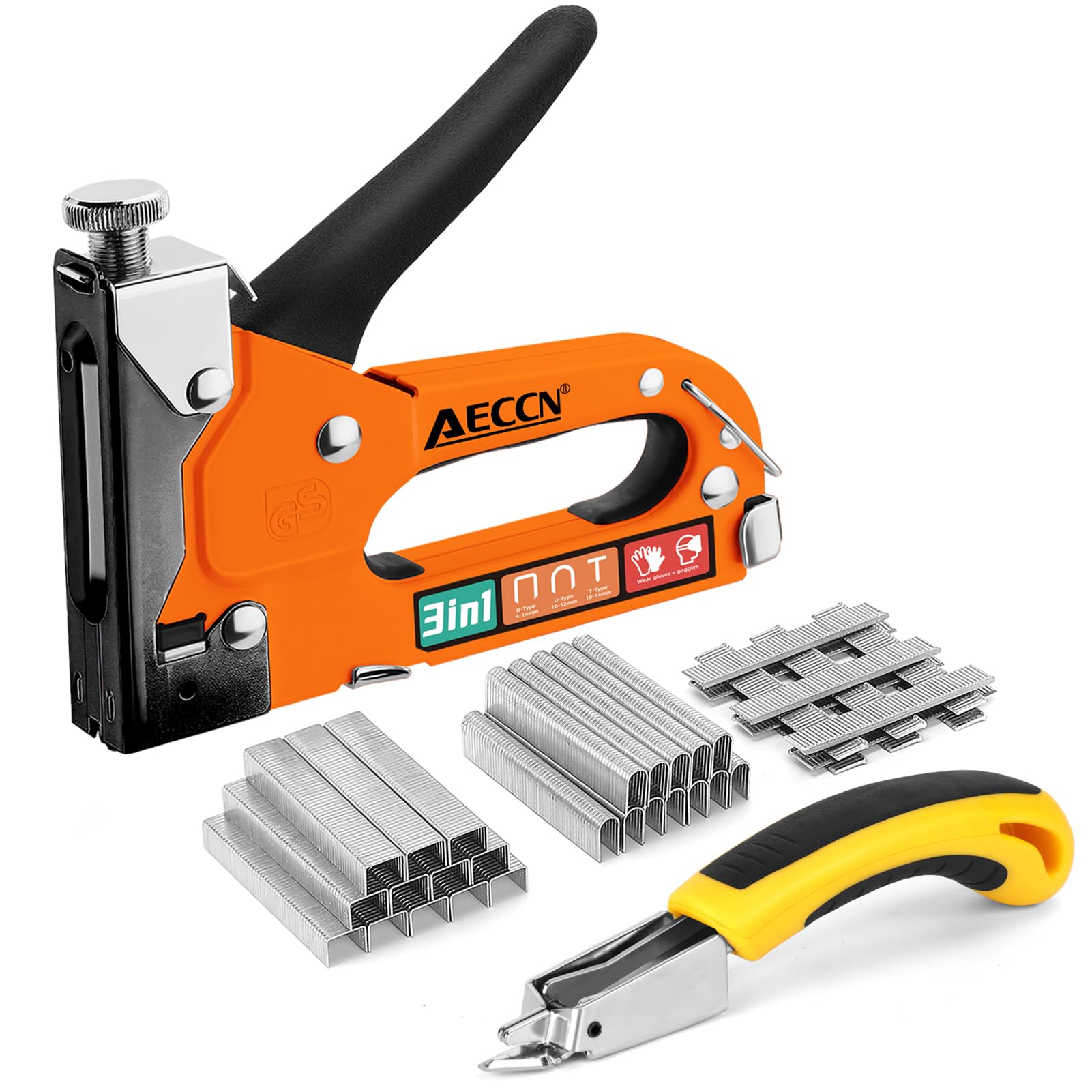 AECCN 3 in 1 Heavy Duty Staple Nail Steel Gun Kit with 2100 Staples, Upholstery Stapler for Fixing Material, Decoration, Carpentry, Furniture, Doors and Windows - Orange