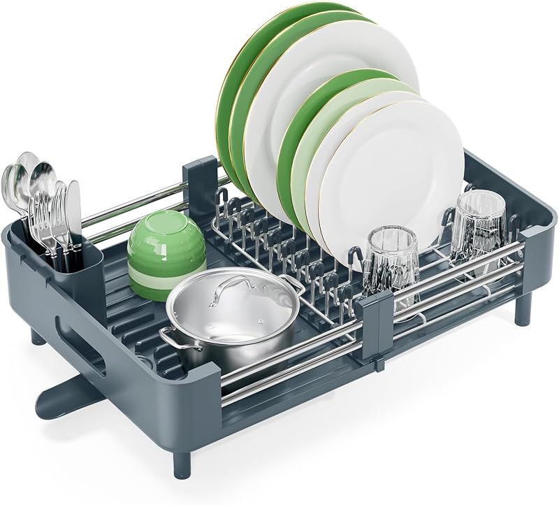 KINGRACK Dish Drainer Rack Extendable Stainless Steel Matte Green