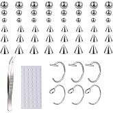Bruislard Fake Eyebrow Ring, Fake Lip Labret Studs Non-Piercing Eyebrow Piercing Replacement Balls Spike with 100Pcs Sticker and 1 Pcs Tweezers Body Jewelry Nose Rings