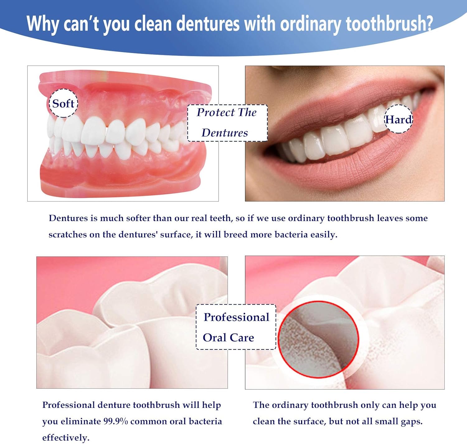Premium Denture Cleaning Brush Set with Multi-Layered Bristles & Ergonomic Rubber Handle, Portable Denture Double Sided Brush for False Teeth Cleaning, 3 Pieces (Blue, Orange, Purple): Health & Personal Care