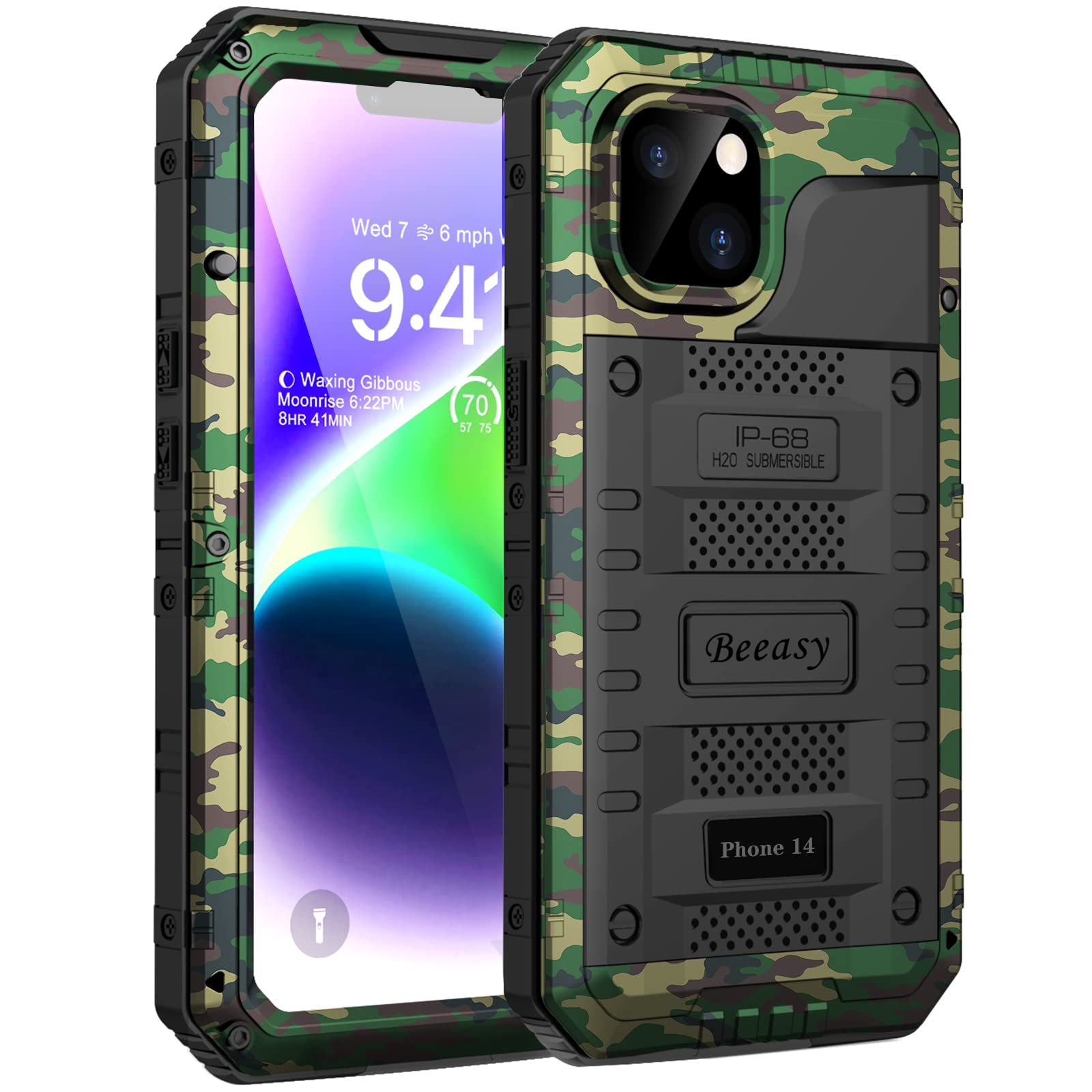 Beeasy for iPhone 14 Case Waterproof Heavy Duty Shockproof Tough Metal Armour Cover Dustproof Built-in Screen Protector, Robust 360 Full Body Military Protective Rugged Case for iPhone 14 Camo