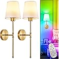 Depuley Battery Operated Wall Sconce: Set of 2 Wireless Wall Lights with Remote for Bedroom - Rechargeable 15 Colors Gold Wall Lamp for Living Room Hallway