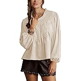 Lentta Women's Lace-Detail Suede Flared Blouse Long Sleeve Crew Neck Swing Babydoll Tops Elegant Intricate Mesh Loose Shirts