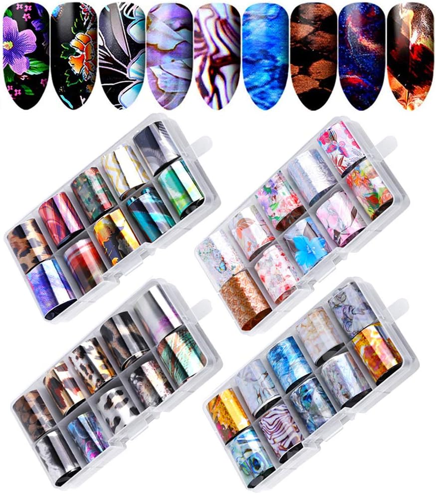 40 Color Nail Foil Transfer Sticker, LOKESI Holographic Nail Art Stickers Tips Wraps Foil Transfer Adhesive Glitters Acrylic DIY Decoration (4 Box/40pcs)