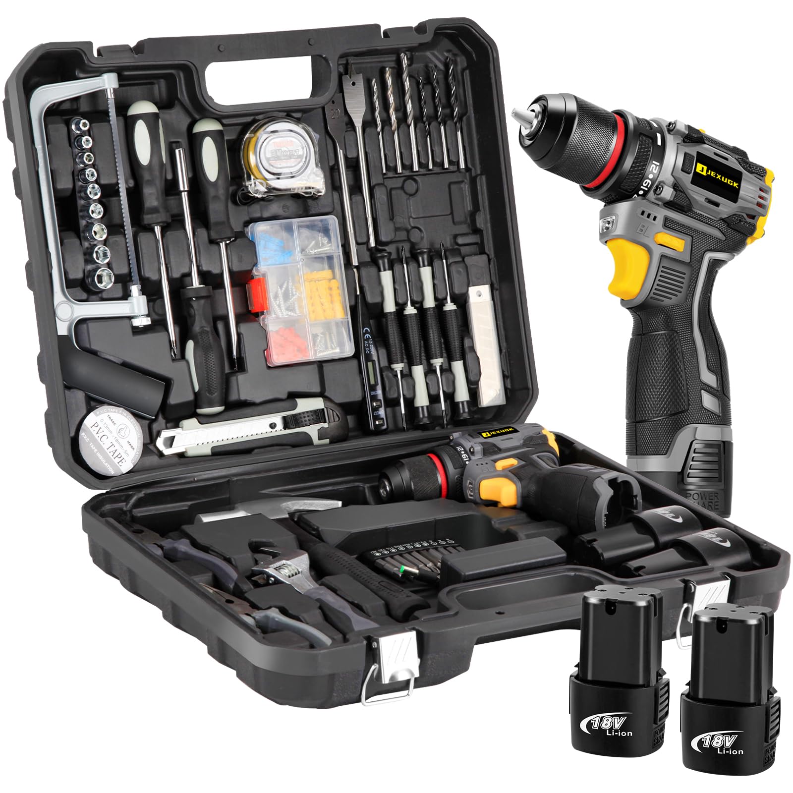 Photo 1 of JEXUGK Cordless Drill Tool Set, 18V Brushless Compact Power Drill Kit with 2 Battery, 120 PCS Household Tool Kit with Driver Taladro, Men Electric Taladros Inalámbricos for Daily Home Repair