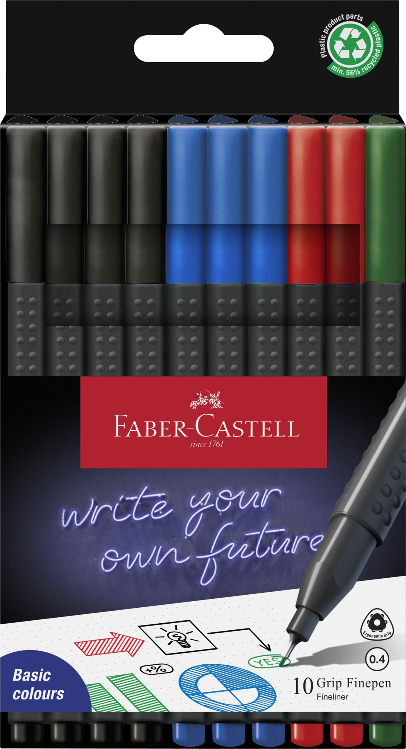 Faber-Castell Grip Finepen Office Set - 10 Fineliners, 0.4 mm, Multicoloured