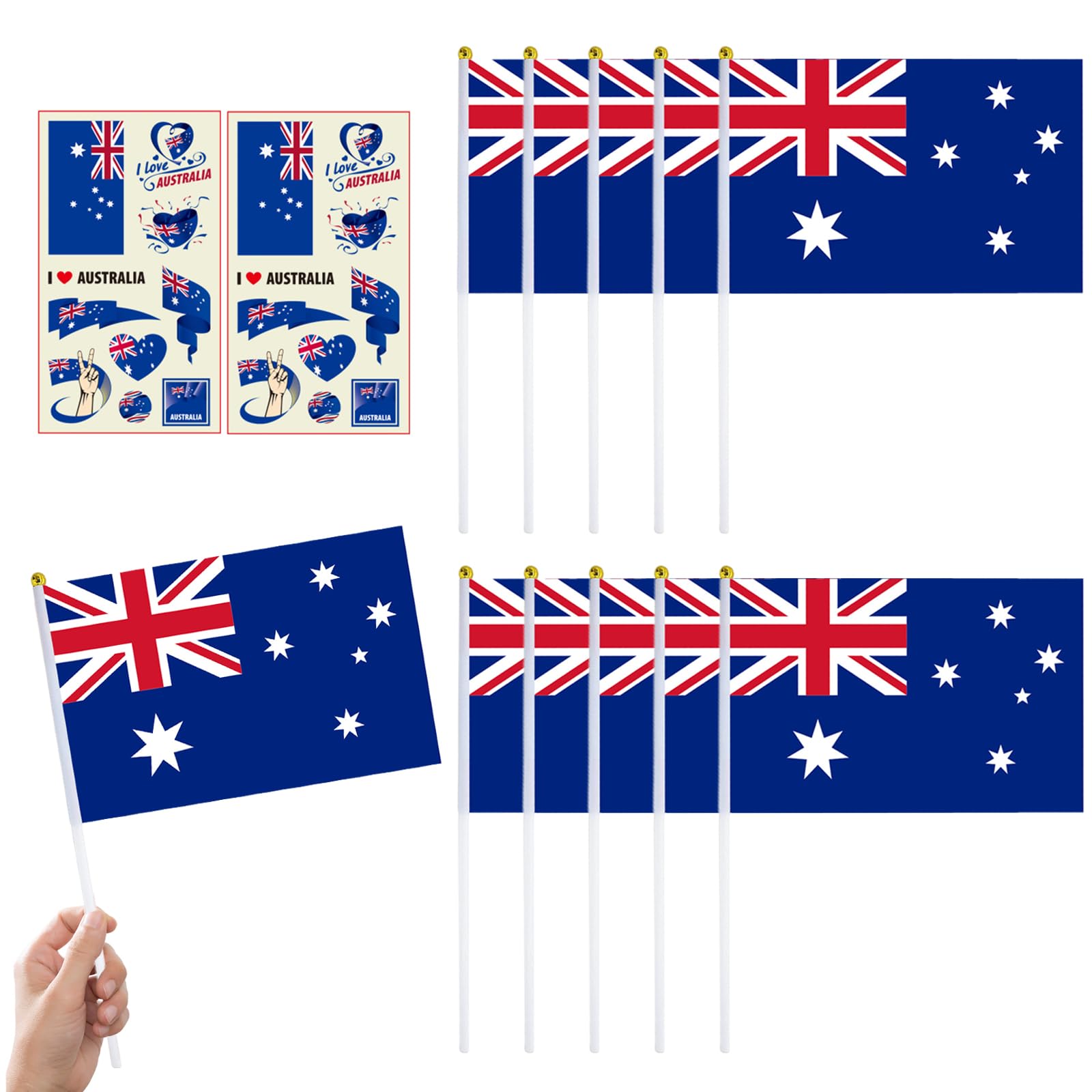 ATBEAMEN 10pcs Small Australia Flags on Sticks & 2pcs Temporary Tattoos for Sports Events, Green and Gold, 21 x 14 cm — image 1