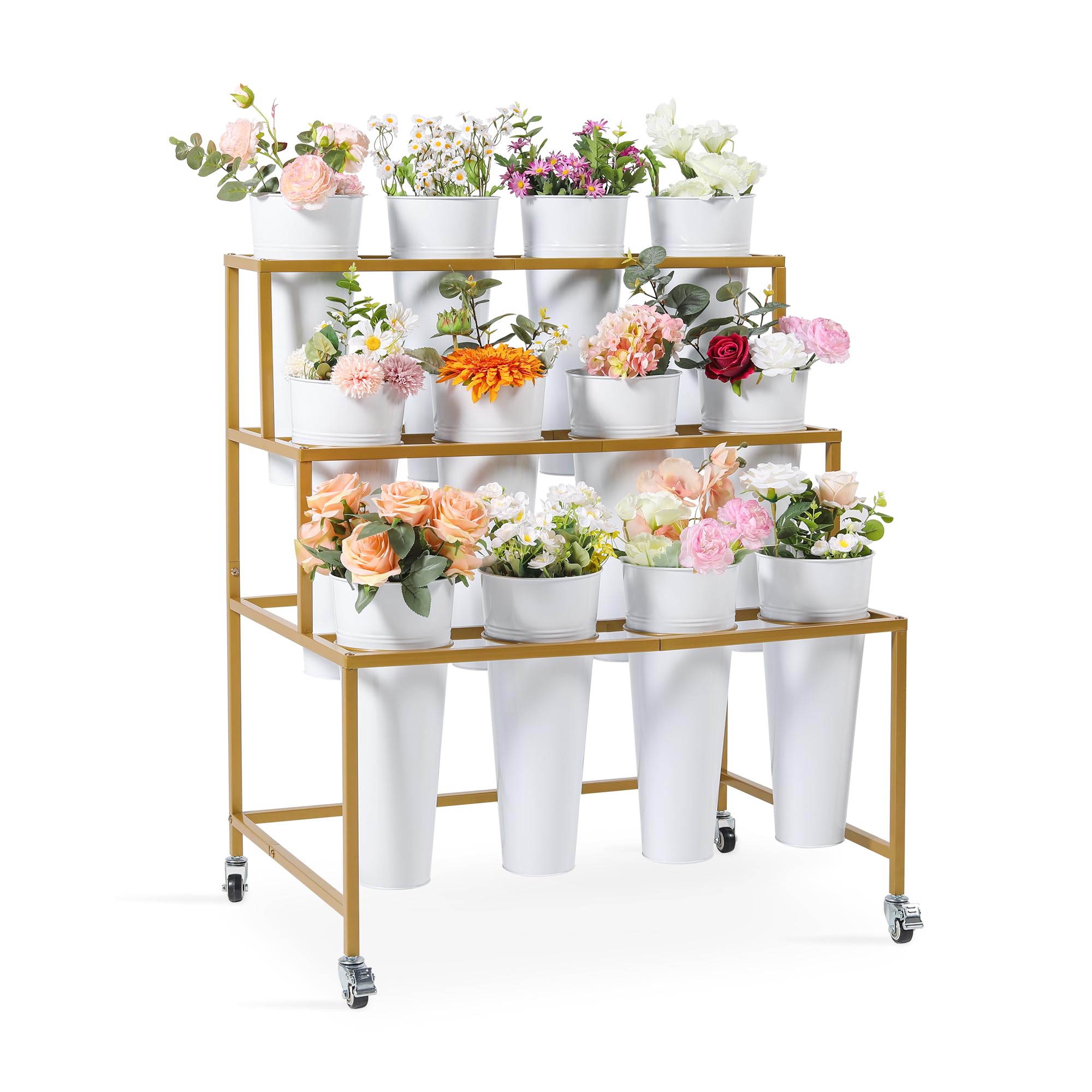Photo 1 of Ruifabo Flower Cart Display Stand, 3 Layers Metal Flower Bar Stand with 360° Swivel Wheels and Brake, Flower Display stand with Iron Buckets, Durable than Plastic Buckets, Flower Holder for Florist or Wedding