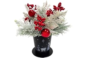 Lnymura Lighted Christmas Centerpiece Metal Potted with Timer,Christmas Nativity Scene Black Metal Base with Snow Flocked Pine Needles Ornament Red Berries for Table Centerpiece Holiday Xmas Decor