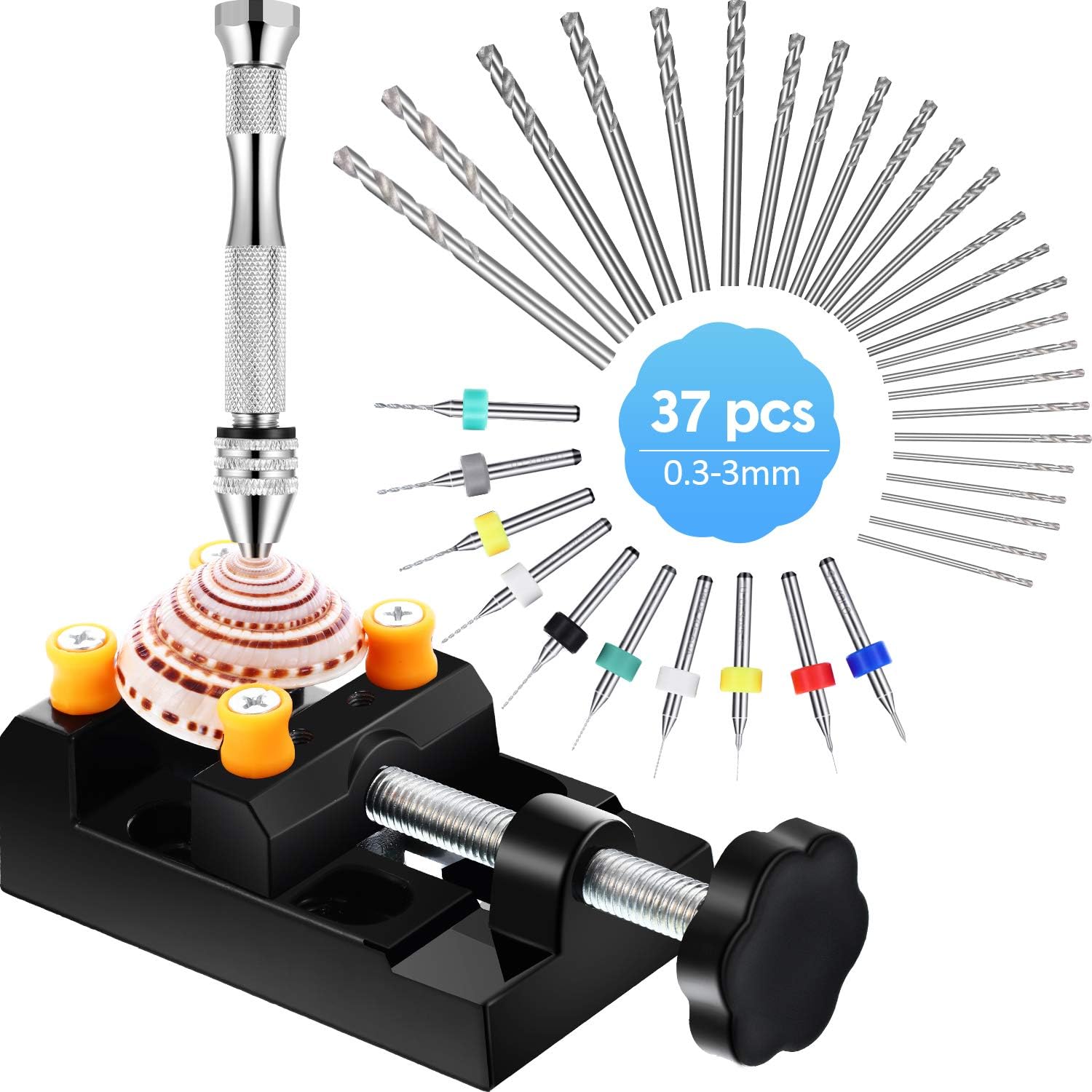 37 Pieces Hand Drill Set Include Pin Vise Hand Drill Tool with Mini Drills, Twist Drills and Bench Vice for Craft Carving Wood Jewelry DIY