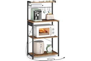 VASAGLE Kitchen Bakers Rack with Power Outlet, Coffee Bar 4-Tier with 8 S Hooks, Microwave Stand, Adjustable Shelf, for Small Spaces, Rustic Brown and Ink Black UKKS014K01V1