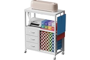 JCHCCU 30 Vinyl Roll Holders for Cricut Cart, Rolling Craft Cart with 3 Fabric Drawer, Craft Organization and Storage Compatible with Cricut Maker Machine, Crafting Table Workstation, White, Patent Pending