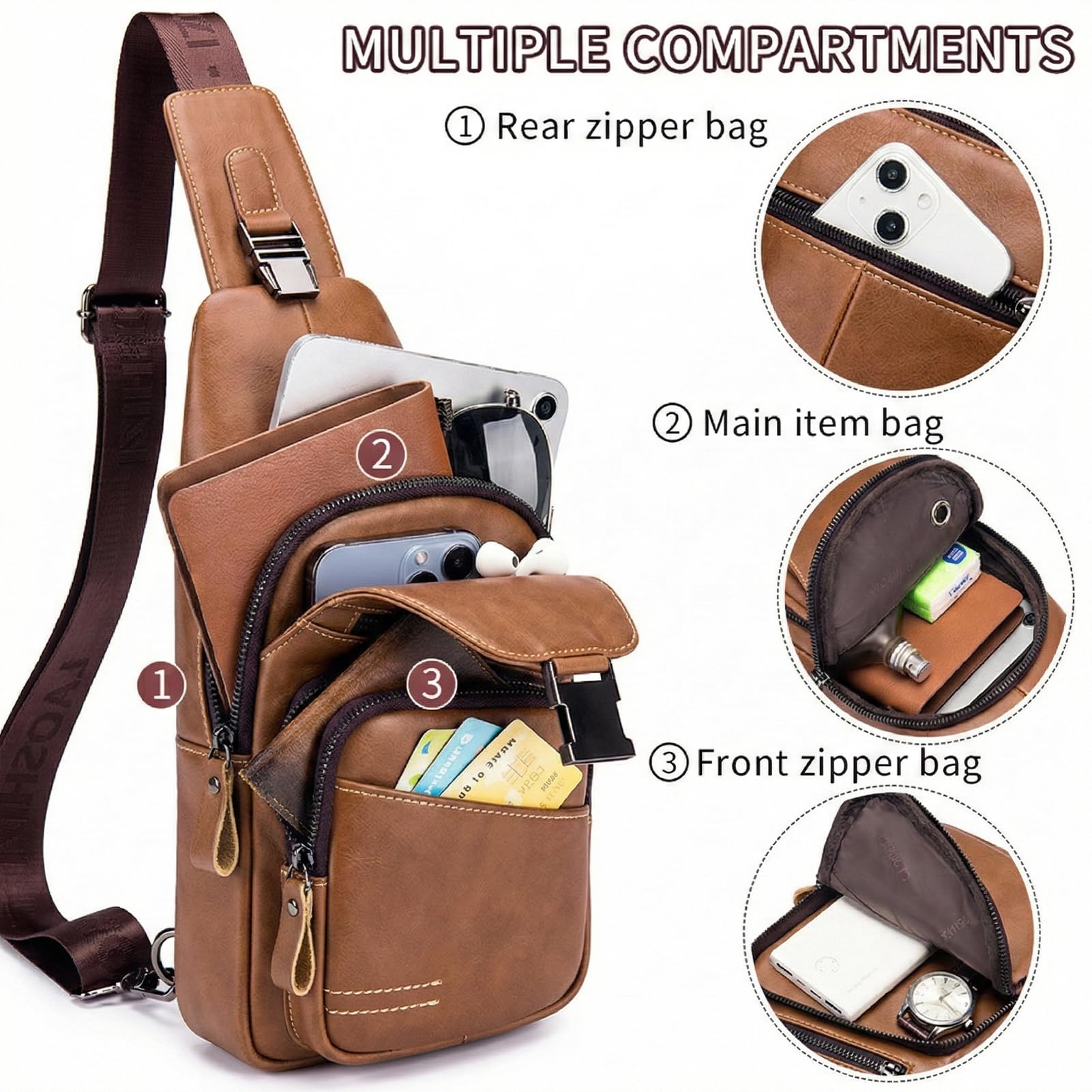 pundarika umhängetasche herren leder tasche herren brusttasche crossbody schultertasche männertasche sling bag-Braun 7