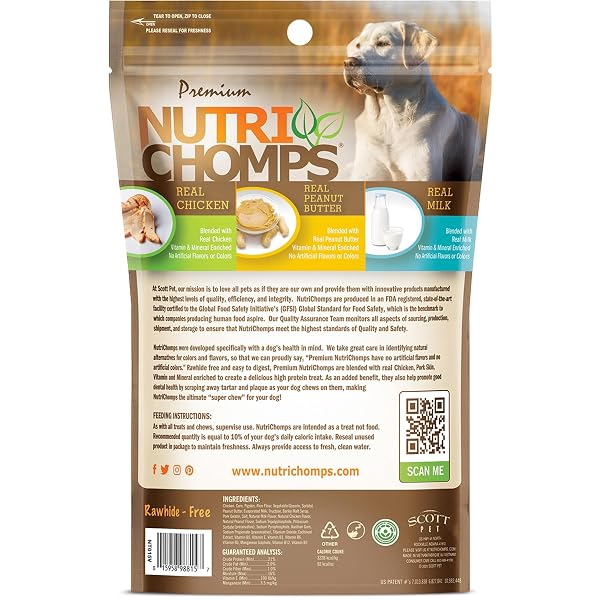 NUTRICHOMPS DOG CHEWS, 6-INCH BRAIDS, EASY TO DIGEST, RAWHIDE-FREE DOG TREATS, HEALTHY, REAL CHICKEN, PEANUT BUTTER AND MILK FLAVORS, PACK OF 4
