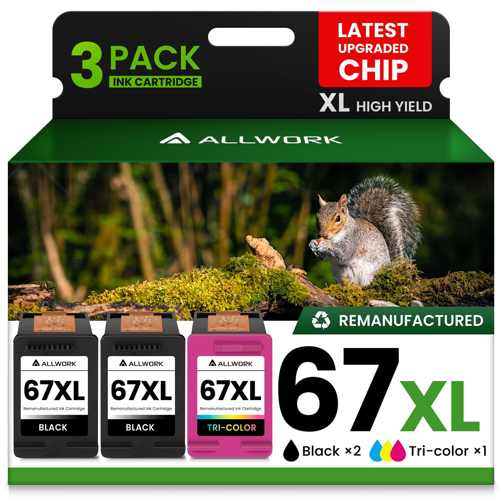 Photo 1 of 67XL Ink Cartridge Replacement for HP 67 XL Black Tri-Color Remanufactured for HP Ink 67 67XL for DeskJet 2755e 2700 2855e 2800 2752 2742e 4155e 4255e 4100 Envy 6055 6055e 6455e Printer (3-Pack)