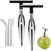 2 Pack Coconut Opener Tool Set with 4 Reusable Straws & Brush, Food Grade Stainless Steel Coco Nut Bottle Opener for Young Th
