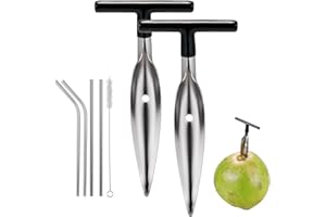 CJFOCUS 2 Pack Coconut Opener Tool Set with 4 Reusable Straws & Brush, Food Grade Stainless Steel Coco Nut Bottle Opener for Young Thai Green Fresh Coconut Water, Safe and Convenient Coco Drill Punch Tool
