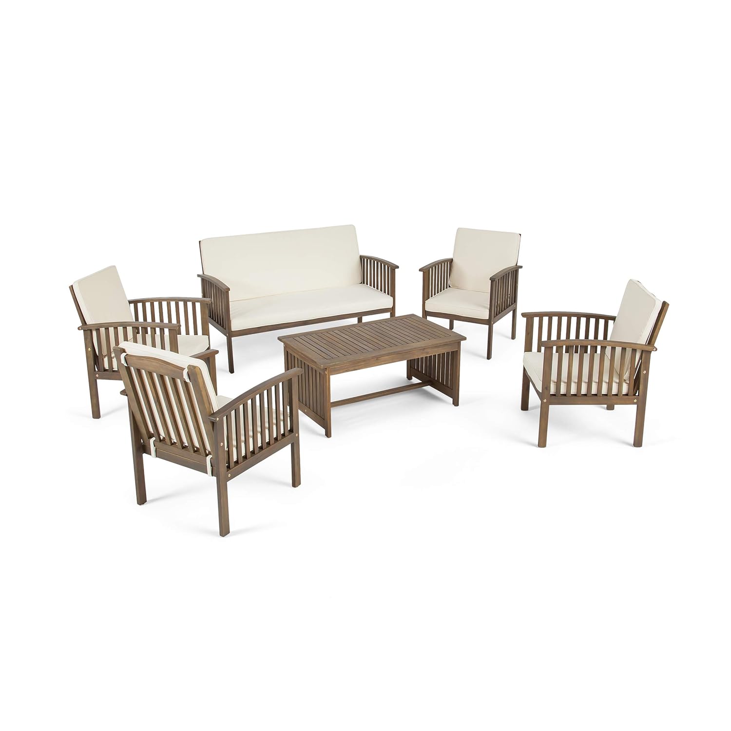 Great Deal Furniture Parry Outdoor 6-Seater Acacia Wood Chat Set, Gray Finish and Cream