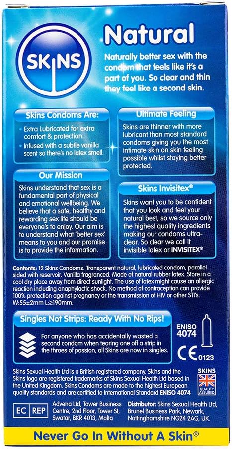 Skins Natural Condoms - Natural Latex Condoms Without The Smell, Extra Lubricated to Feel Like The Real Thing - Box of 12 - Image 5