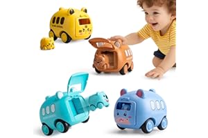 VangeBow Push and Go Cars for Toddlers 1-3, 4 Pack Launcher Zoo Animal Car Toys for 1 2 3 4 Year Old Boys Girls, Infant Inertia Drive Vehicles Set for Kid Baby First Birthday Christmas Easter Gifts