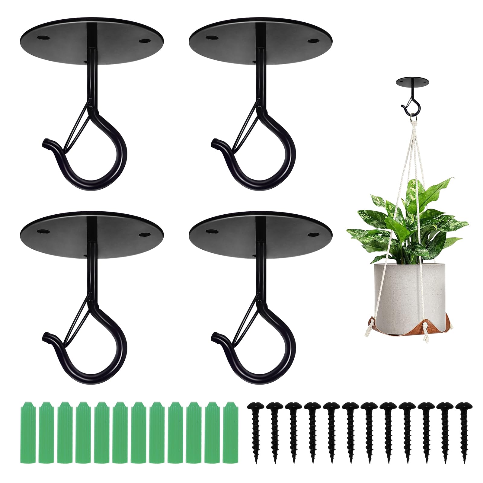 Ticway 4 Pcs Ceiling Hooks for Hanging Plants with Safety Catch, Wall Mounted Planters Hooks for Outdoor Plants, Hanging Basket, Bird Feeders, Wind Chimes, String Lights, Lanterns (Black)
