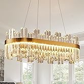 39.3" Dimmable Rectangle LED Crystal Chandeliers,Gold Chandelier Light, 3 Colors Contemporary Pendant Ceiling Light for Dinin