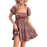 Veatzaer Women's Puff Sleeve Square Neck Smocked Babydoll Dress Boho Floral Print Off Shoulder Ruffle Mini Short Dress