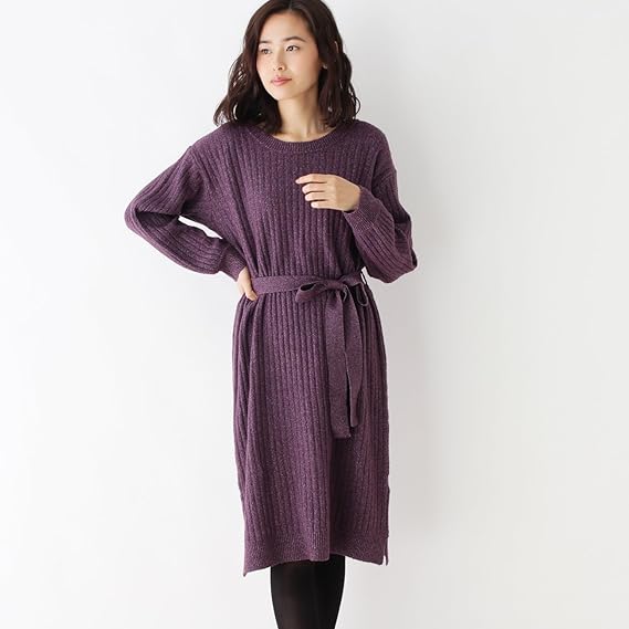 Amazon Co Jp シューラルー Shoo La Rue リボンベルト付ニットワンピース 03 L パープル 0 服 ファッション小物