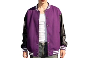 RAOENJADO Mens Varsity Jacket Bomber Letterman Jacket Leather Sleeves Vintage Style Outerwear for Men