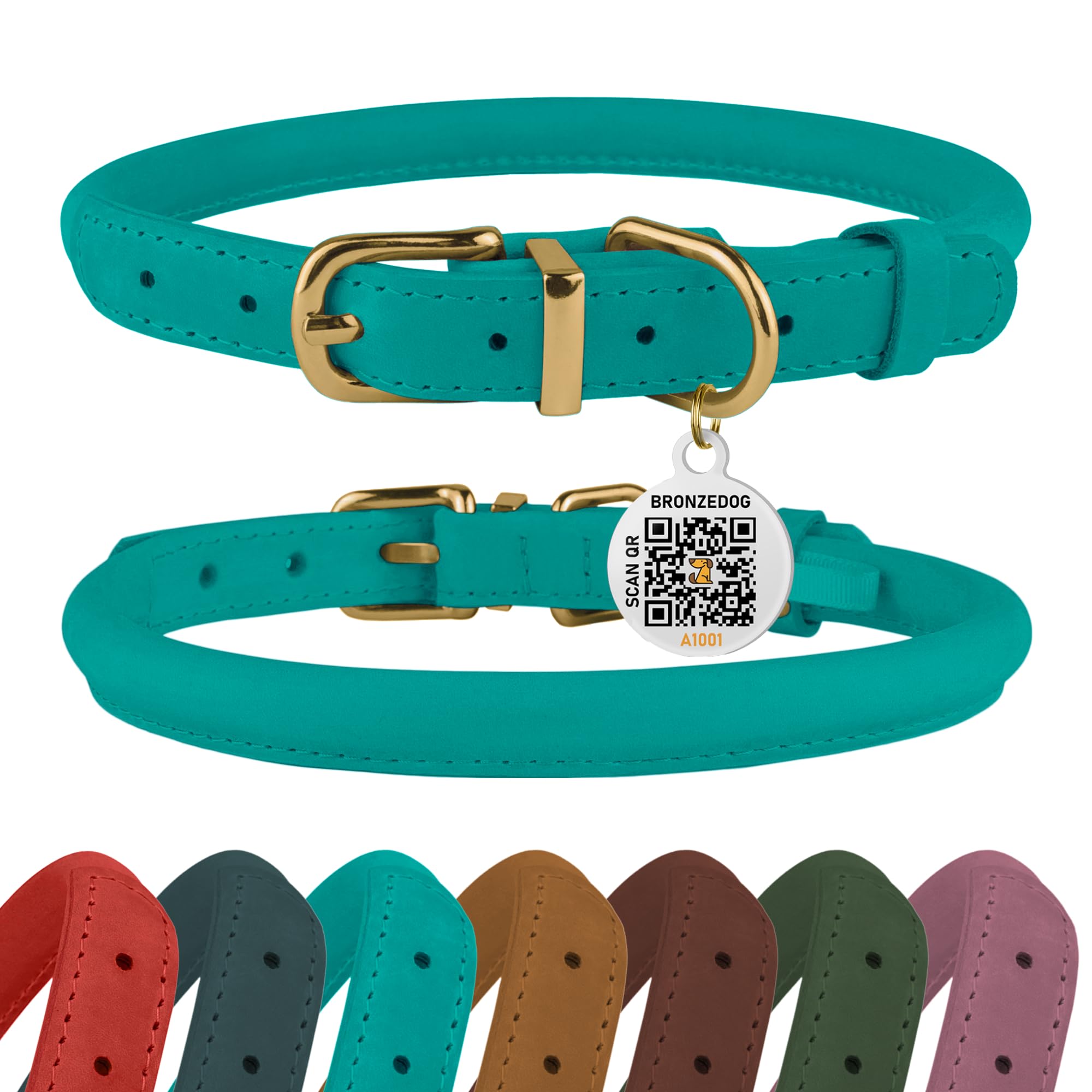 BRONZEDOG Rolled Leather Dog Collar with QR ID Tag Adjustable Soft Round Collars for Small Medium Large Dogs Puppy Cat (Turquoise, 40-48 cm)