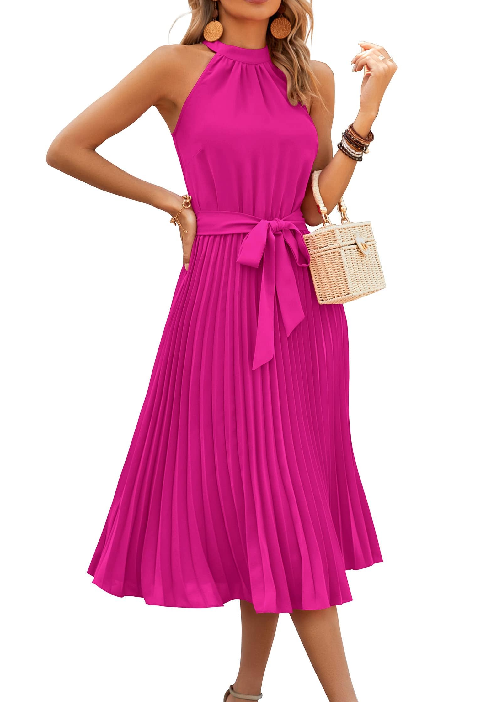 Photo 1 of KIRUNDO Women's 2025 Summer Sleeveless Halter Neck Pleated Midi Cocktail Dresses A Line Flowy Beach Sun Dress with Belt (Rose Red, X-Large)