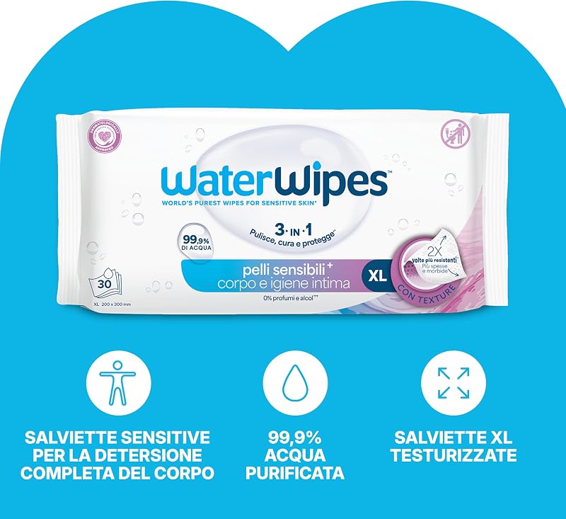 Sensitive+ Body & Intimate XL Wipes, 99,9% Acqua, senza profumo