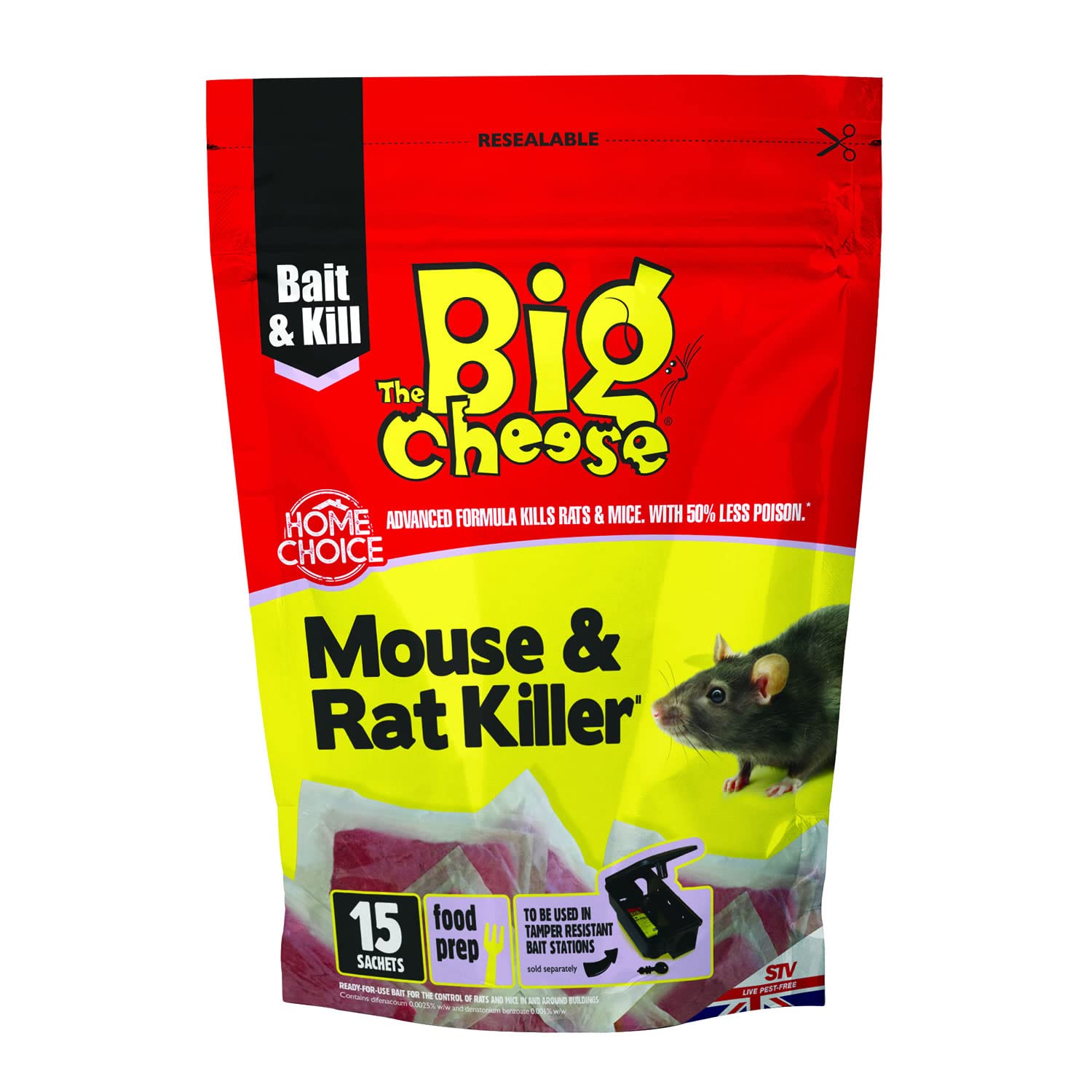 The Big Cheese Mouse & Rat Killer Pasta Sachet - 10g x 15 Kills Mice and Rats Pre-Measured Chew Through Sachets Difenacoum, Red โ image 1