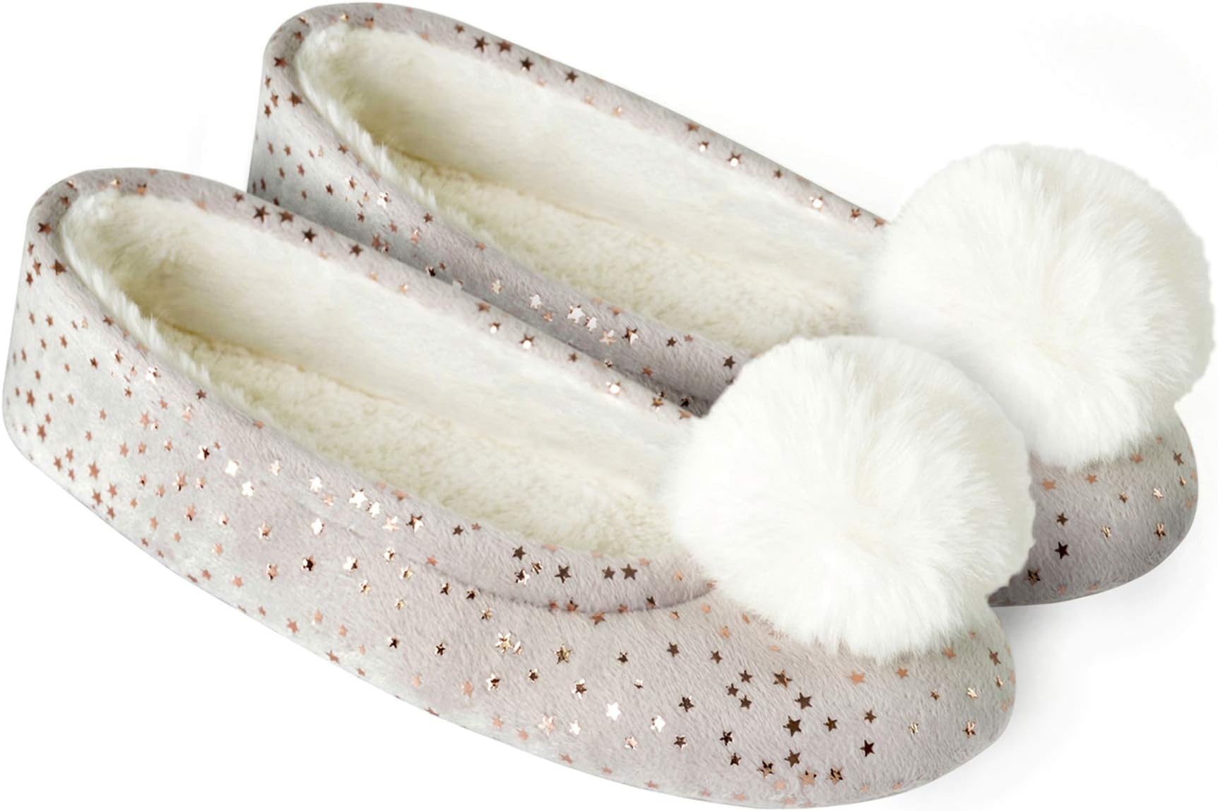 Luxury Ladies Ballet Slip On Slippers with Pom Pom Detail Non-Slip Sole Soft Warm Comfortable Cute - Great Gift