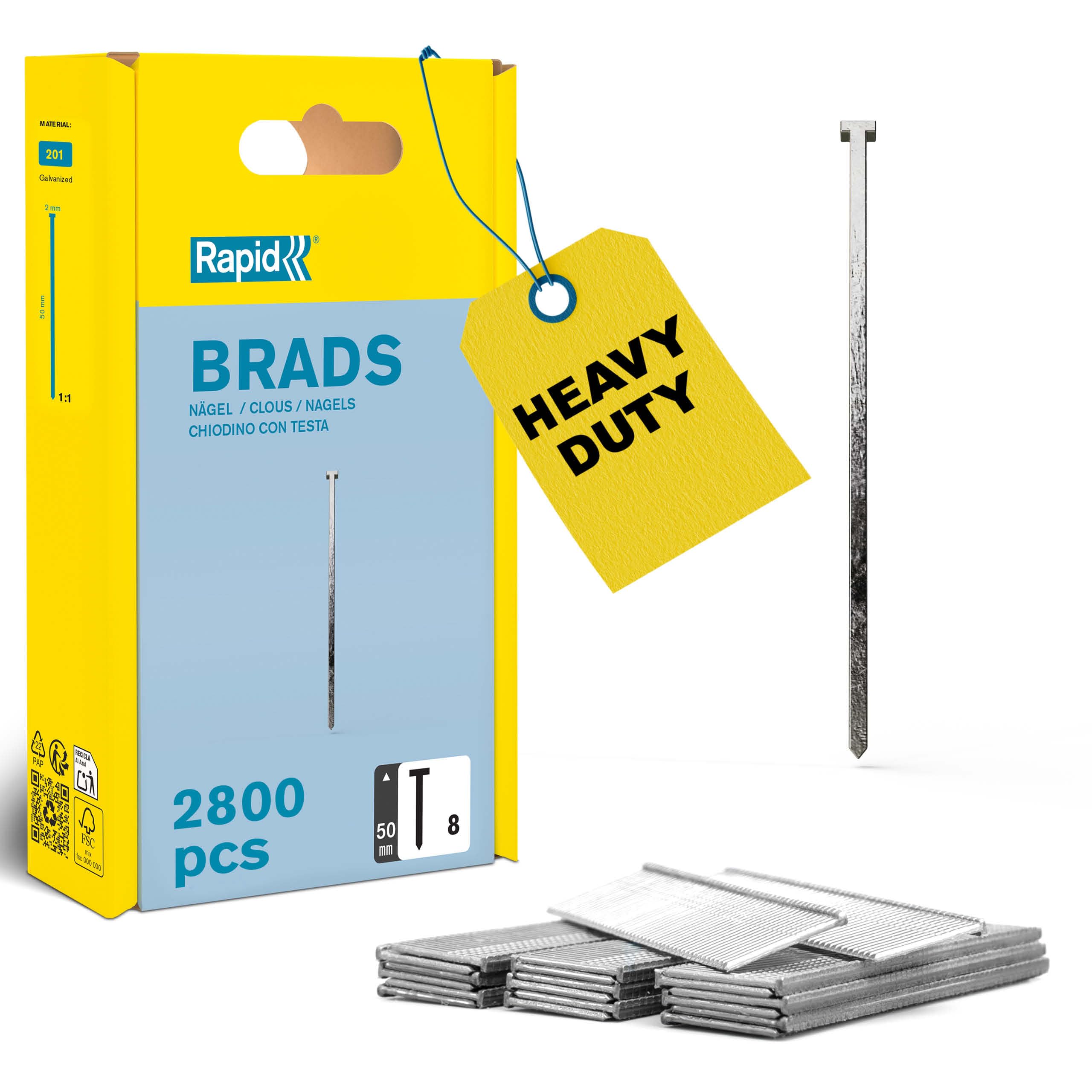 Rapid High Performance No.8 Galvanised Steel Brad Nails, Wire Length: 50 mm, 5000186 - 2800 Pieces