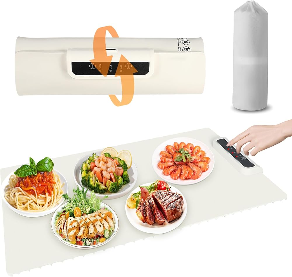 Aofesel Electric Warming Tray Foldable Silicone Food Mat 3 Temp 3 Timer