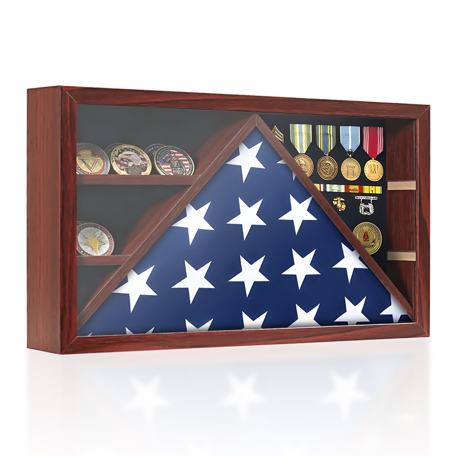 Photo 1 of DecoWoodo Military Shadow Box Flag Display Case with HD Tempered Glass - Triangular Flag Frame for 3' x 5' Military Flag, Adjustable Coin Racks, Backboard for Medals, Mahogany