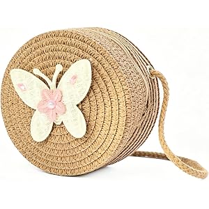 Dhshrxd Girls Toddler Purse Bohemia Straw Crossbody Mini Round Shoulder Bag for Beach Outdoor Gifts (butterfly khaki)