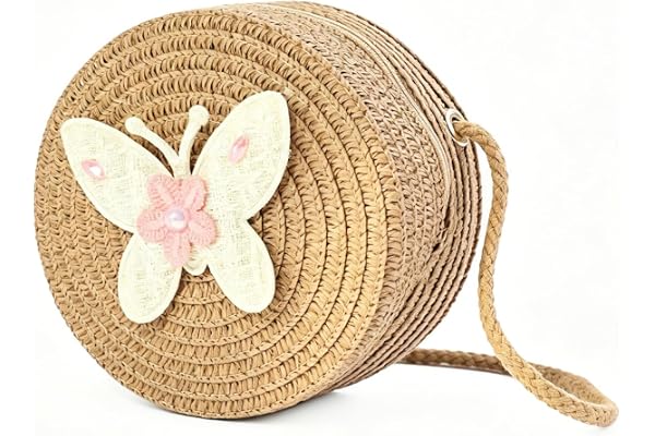 Dhshrxd Girls Toddler Purse Bohemia Straw Crossbody Mini Round Shoulder Bag for Beach Outdoor Gifts (butterfly khaki)