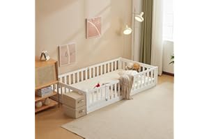 Karl home Toddler Floor Bed with Door and Fence for Kids, Montessori Bed with Safety Guardrails and 12 Slats,Kids Bed Solid Wood Twin Bed Frame for Girls, Boys (White)