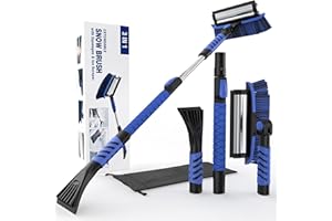 42" Snow Brush and Ice Scraper for Car Windshield with Squeegee, Extendable Aluminum Handle, 180° Pivoting Bristle Head and F