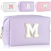 MSQ Personalized Makeup Bag Initial A-Z Patch Bag, PU Leather Cosmetic Bag Pouch Travel Toiletry Bag with Zipper, Gift Ideal for Teen Girls Friend Mom Women Birthday (Purple M)