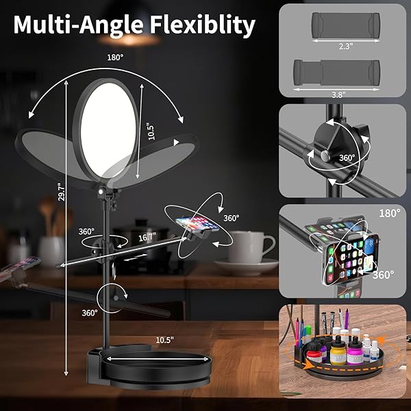 JJ JIANJIN DESK RING LIGHT WITH STAND,55W DIMMABLE FULL SCREEN RING LIGHT,WITH ROTATING STORAGE BOX,PEN HOLDER STAND,PHONE HOLDER&CONTROLLER (PINK, 10.5)