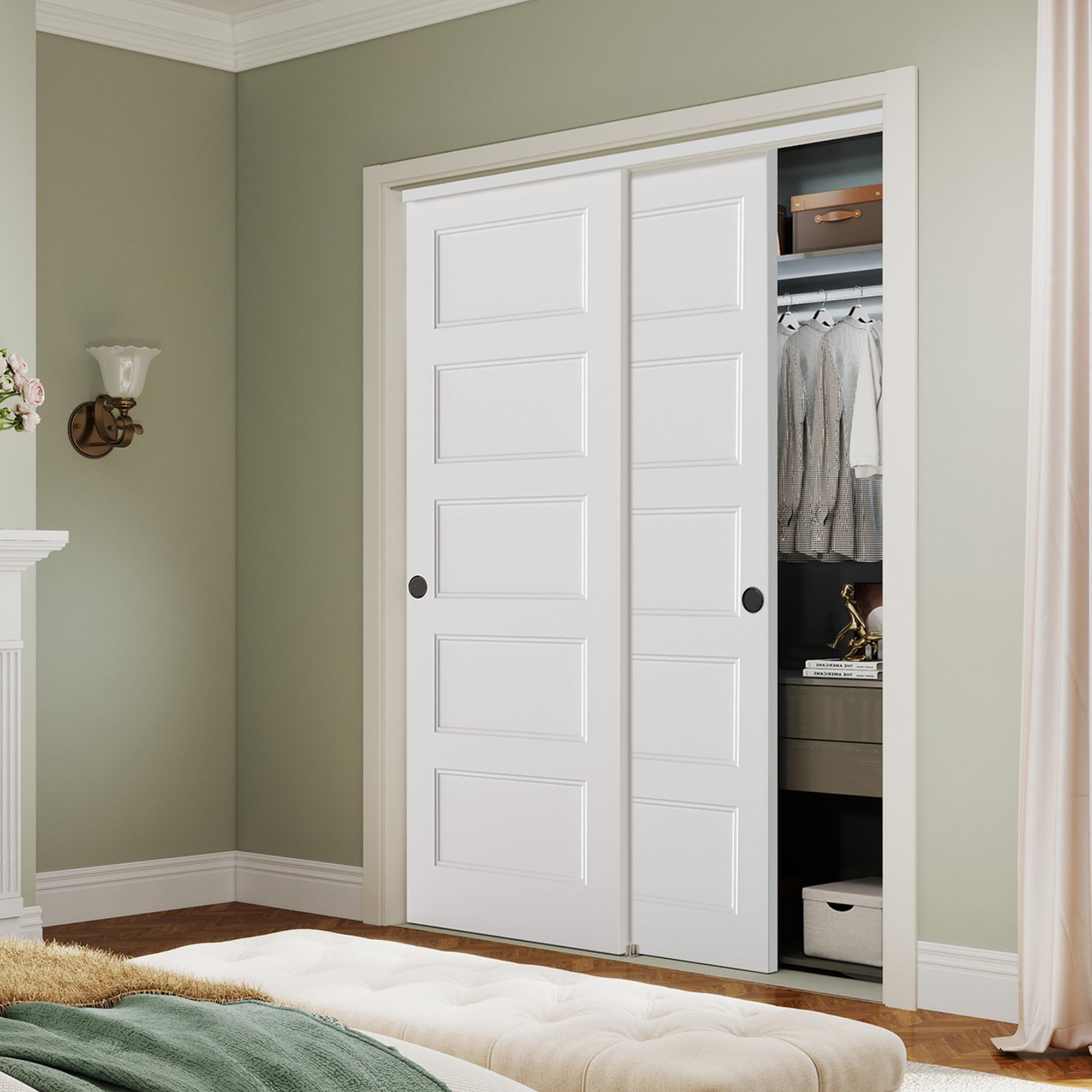 Photo 1 of BARNSMITH 60x80 in 5-Panel Bypass Sliding Closet Door, White Primed Door Slab with Bypass Closet Track Hardware Kits, Paintable and Lightweight