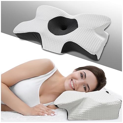 Cervical Anti Allergy Pillow Orthopedic Contour Memory Foam Pillow For Shoulder Neck Tension Relief Anti Bacterial Front Stomach Side Sleeping Pillow With Hypoallergenic Pillowcase, 64x38 cm