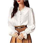 SHENHE Women's Lace Trim Button Up Shirt V Neck Long Sleeve Elegant Vintage Blouse Top